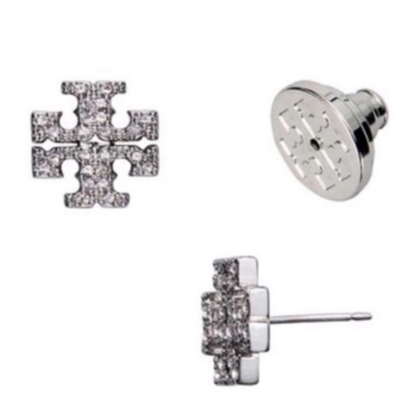 TORY BURCH • Silver Crystal Logo Earrings - Picture 2 of 4